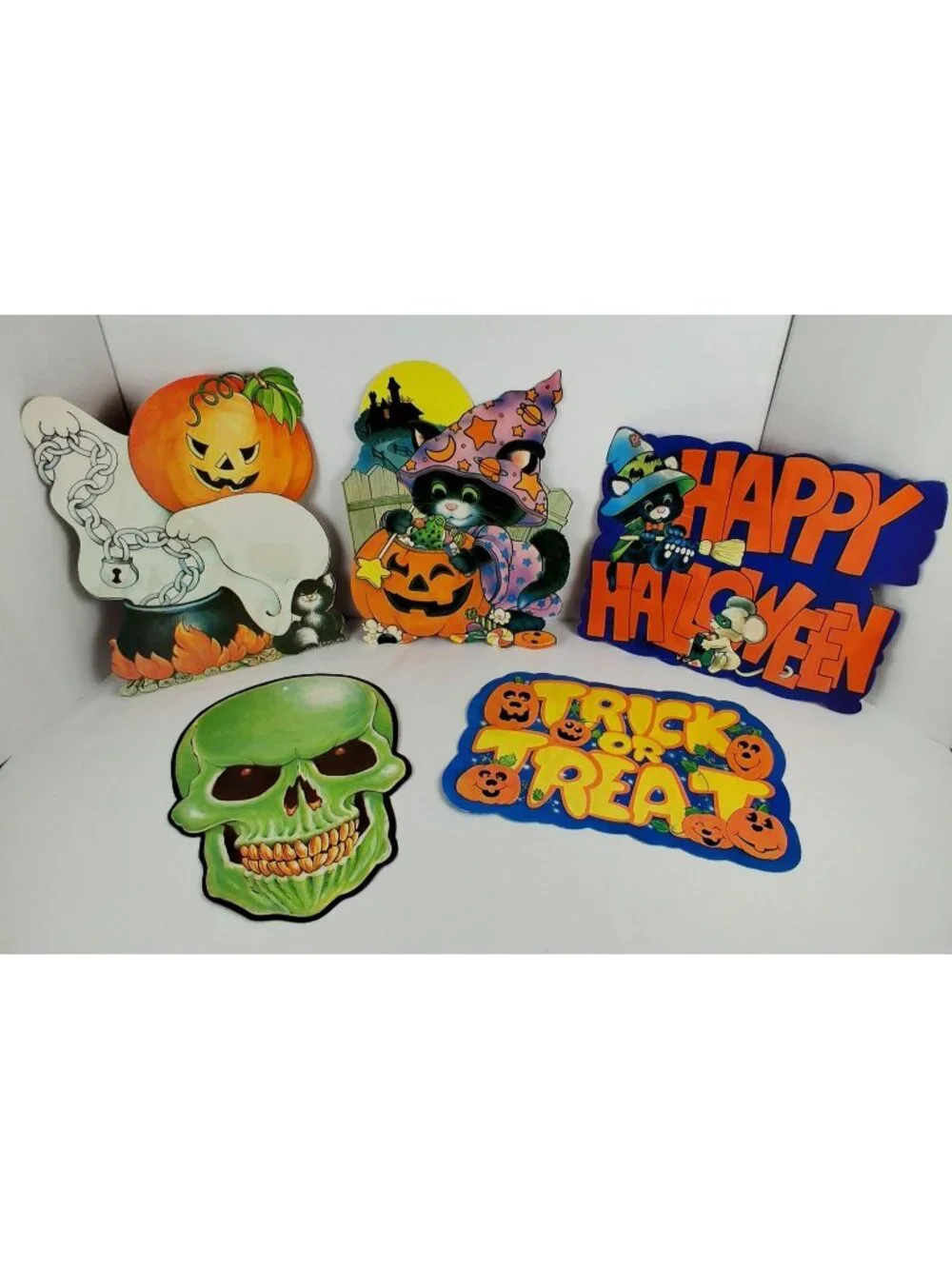VTG Peck Halloween Flocked Double Sided Die-Cut 5 pcs Ghosts Cats Pumpkin Skull